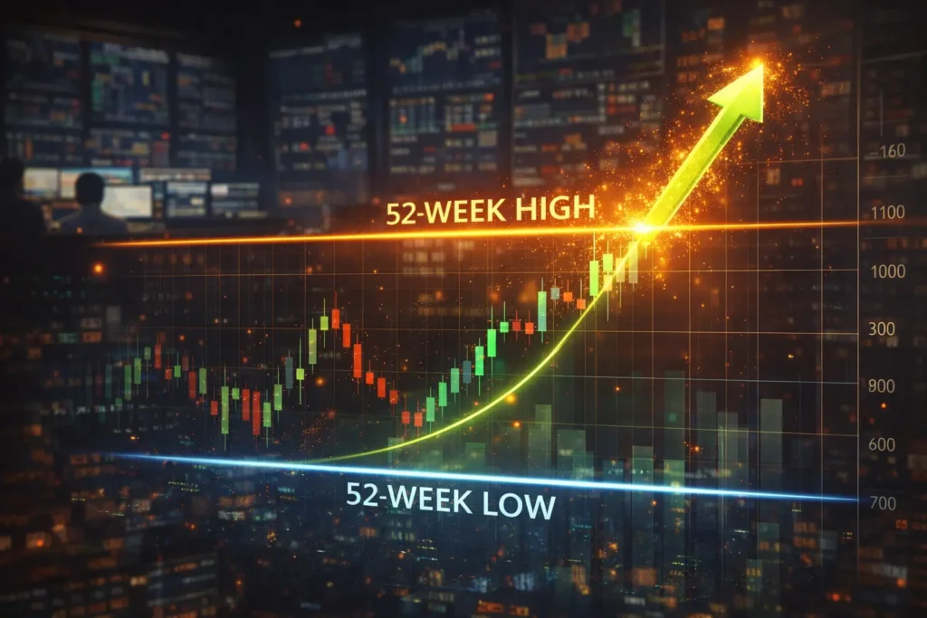 52 week high and low stock market chart showing breakout above resistance and price range analysis