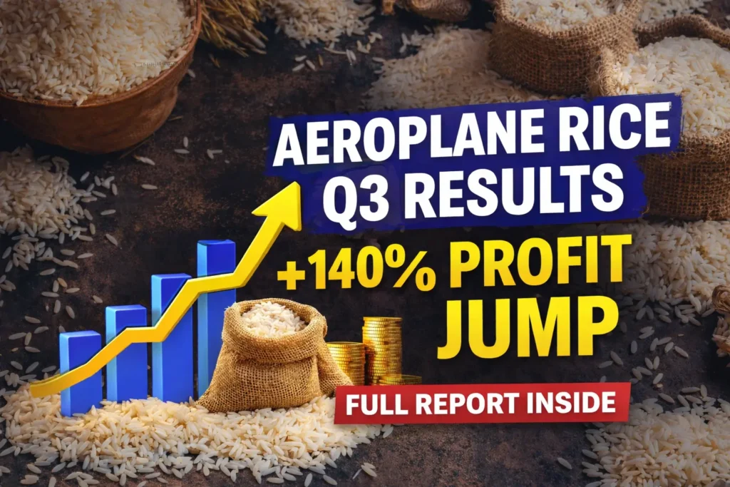 Aeroplane Rice Q3 results showing 140 percent profit growth with rising chart and rice export business visual
