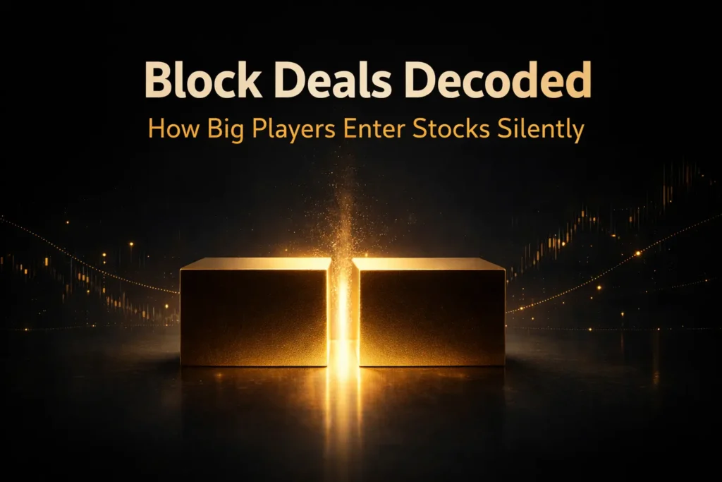 Block deals in stock market showing large investors entering stocks silently with glowing financial visualization