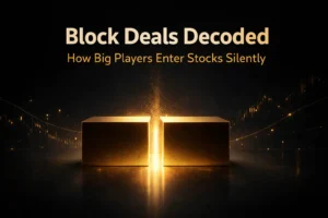Block deals in stock market showing large investors entering stocks silently with glowing financial visualization