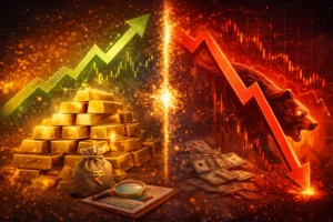 gold prices rising while stock market falling showing inverse relationship between gold and stocks