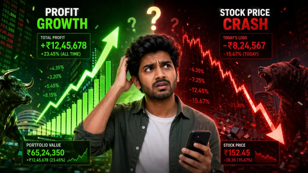 Stock market reaction after quarterly results showing stock price falling despite good earnings with confused trader and red downward chart