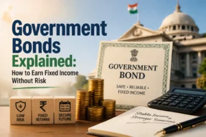 Government bond investment concept showing fixed income, low risk returns and secure financial growth illustration