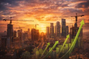 Delhi skyline redevelopment with construction cranes and rising financial growth concept