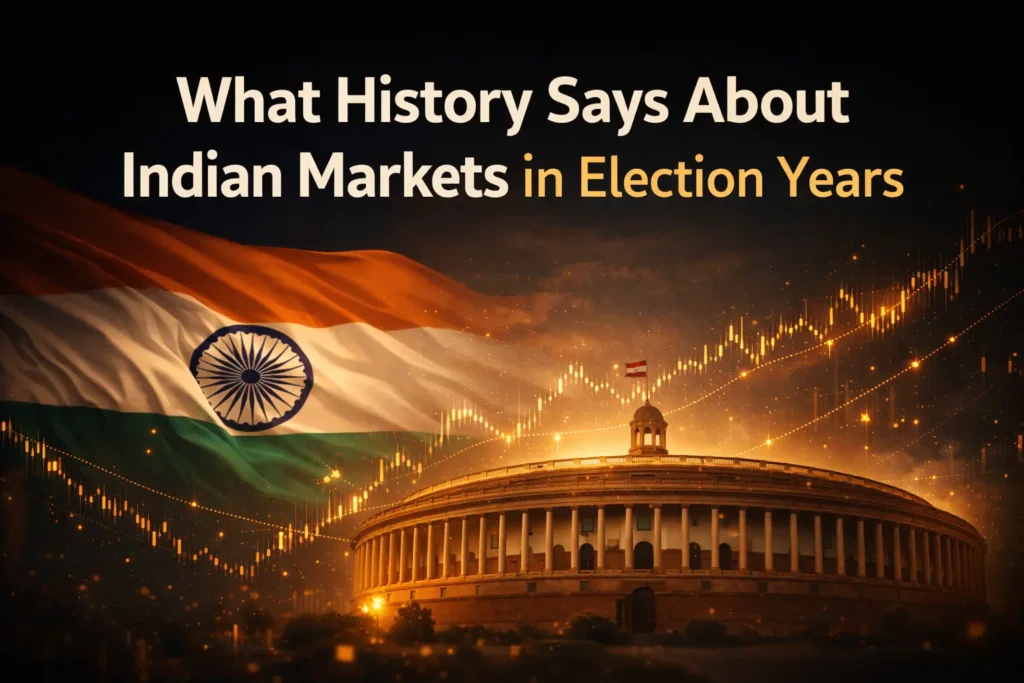 Indian stock market trends during election years with parliament building and rising financial chart visualization