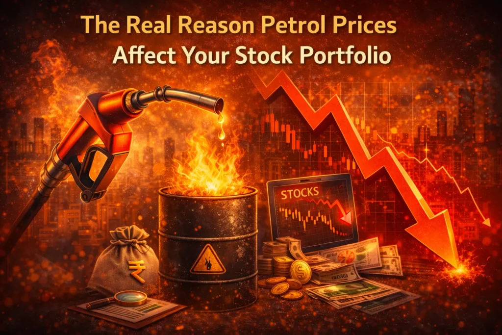 petrol price increase affecting stock market with falling chart and fuel pump concept