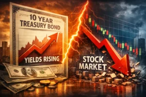 Rising bond yields causing stock market decline with falling chart and treasury bond illustration