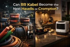 RR Kabel wires and cables transitioning into modern kitchen appliances representing comparison with Havells and Crompton growth potential