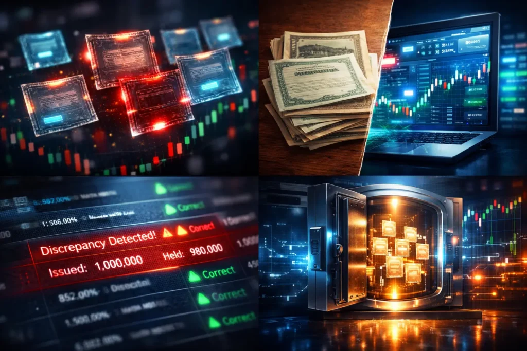 Concept image showing digital and physical shares, stock data mismatch alert, and reconciliation of share capital under SEBI Depositories and Participants Regulations 2018