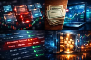 Concept image showing digital and physical shares, stock data mismatch alert, and reconciliation of share capital under SEBI Depositories and Participants Regulations 2018
