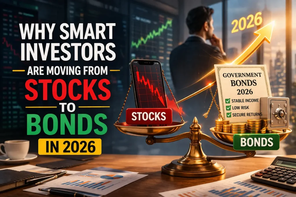 Smart investors shifting from stocks to bonds in 2026 showing falling stock market and rising secure bond investments