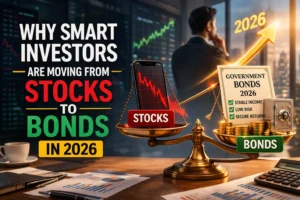 Smart investors shifting from stocks to bonds in 2026 showing falling stock market and rising secure bond investments