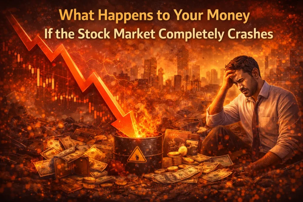 stock market crash showing falling chart and investor worried about money loss