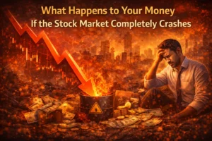 stock market crash showing falling chart and investor worried about money loss
