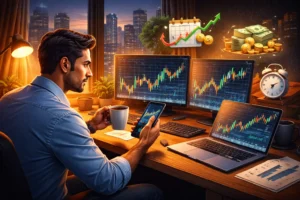 indian salaried person analyzing stock charts at home for swing trading using laptop and mobile