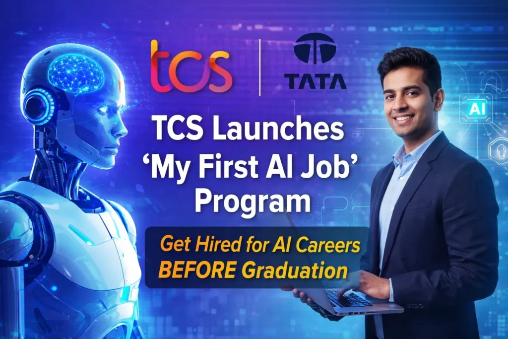 TCS My First AI Job Program feature image showing AI robot and student with laptop highlighting AI careers before graduation
