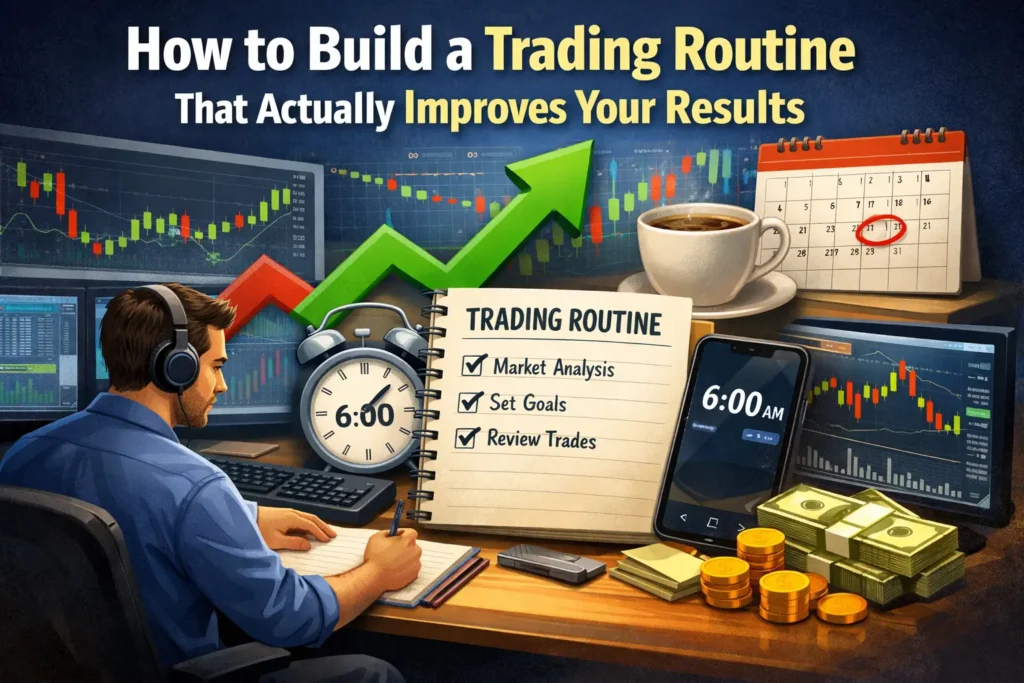 Trader building a daily trading routine with charts, checklist, and market analysis to improve trading results