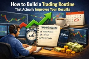 Trader building a daily trading routine with charts, checklist, and market analysis to improve trading results