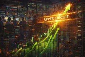 Upper circuit in stock market showing rising stock chart hitting price limit with bullish trend