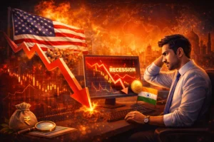 impact of US recession on Indian stock market with falling charts and investor analyzing data