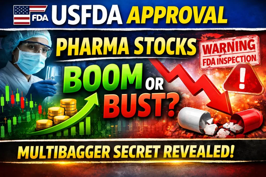 USFDA approval impact on pharma stocks in India showing boom vs bust with stock market rise and crash concept