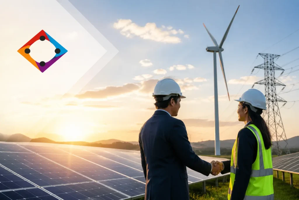 Vikran Engineering solar acquisition with renewable energy project showing solar panels and wind turbines