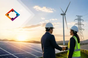 Vikran Engineering solar acquisition with renewable energy project showing solar panels and wind turbines