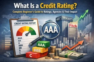 Illustration of credit rating concept showing AAA to C ratings, credit rating report, and agencies like S&P, Moody’s, and Fitch