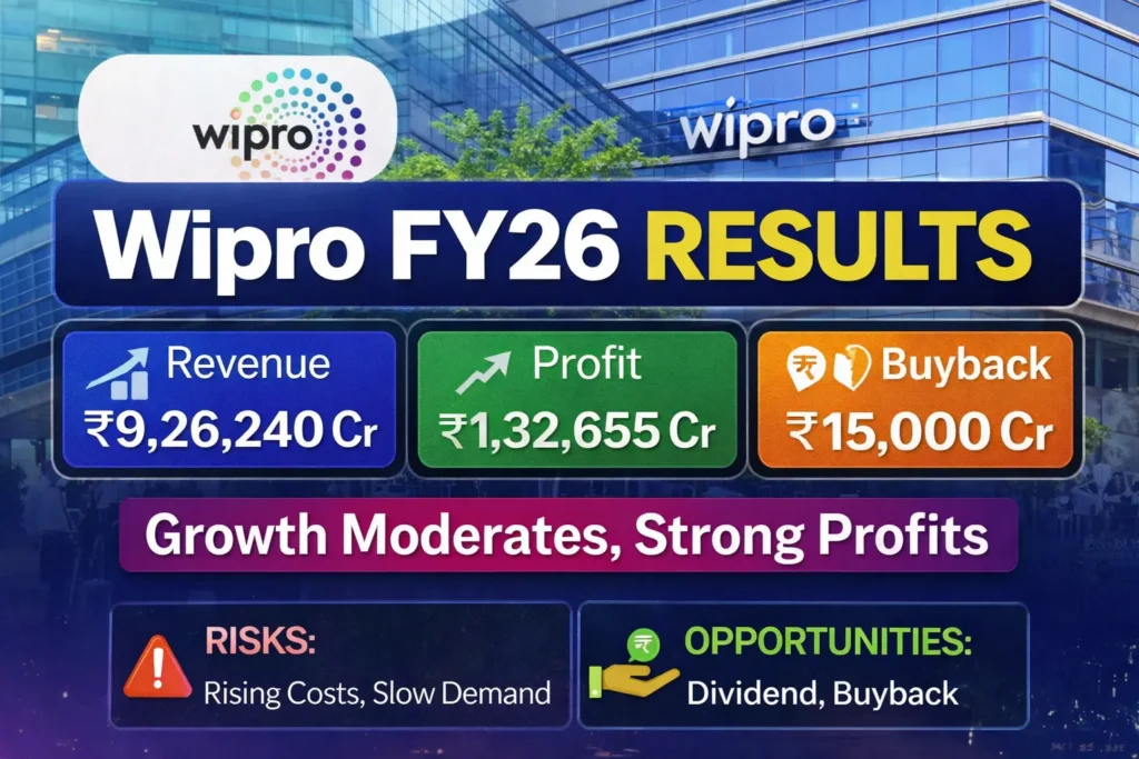 Wipro FY26 results showing revenue growth, profit increase, and ₹15000 crore buyback announcement analysis
