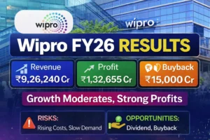 Wipro FY26 results showing revenue growth, profit increase, and ₹15000 crore buyback announcement analysis
